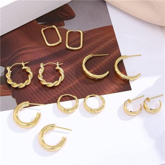 Gold Hoop Earrings Set for Women, 14K Gold Plated Lightweight Hypoallergenic - Picture 5 of 7